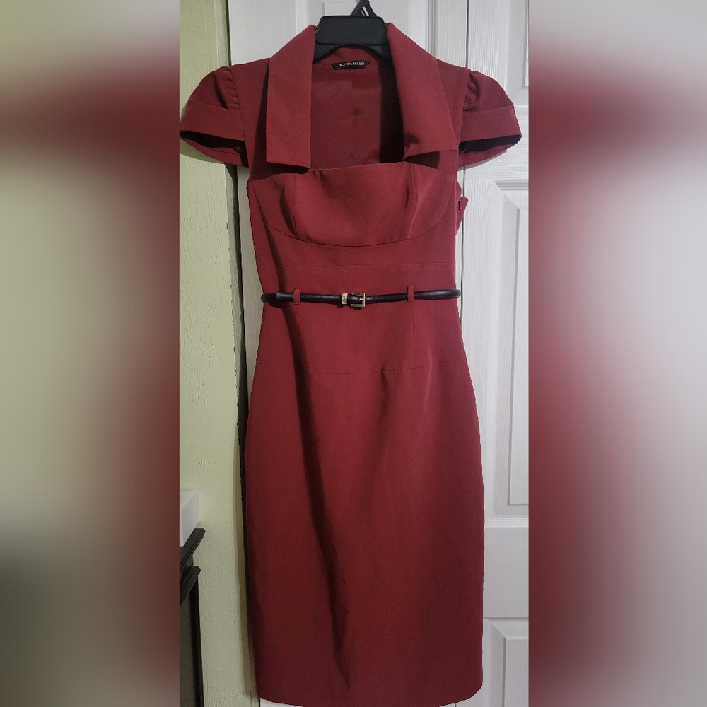 Black Halo Strapless Burgundy Dress with Black Belt